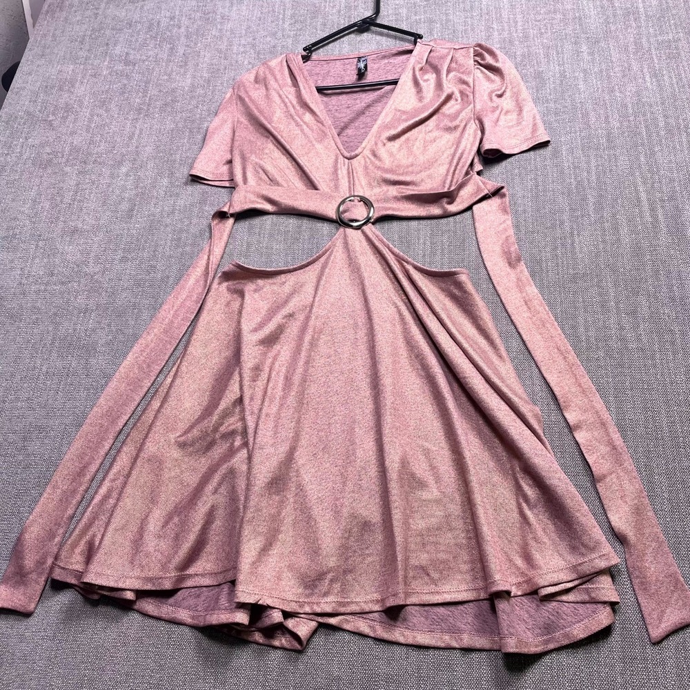 Lunachix Cut Out Mini Dress Womens Large Pink O Ring Waist Belted V Neck Party